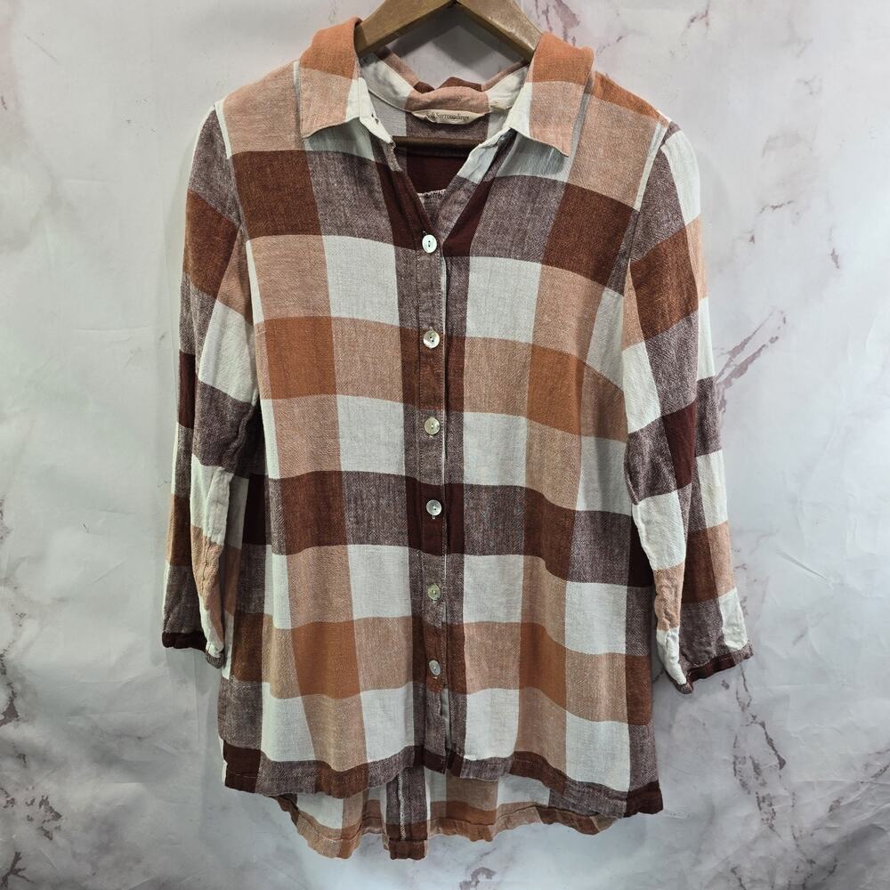 Soft Surroundings Shirt Womens Medium Red Orange Plaid Linen Button Carreaux Zip